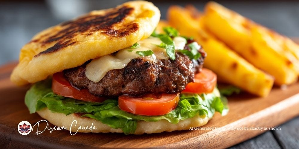 A bannock burger with a bison patty, served with fries at Tee Pee Treats in Edmonton.
