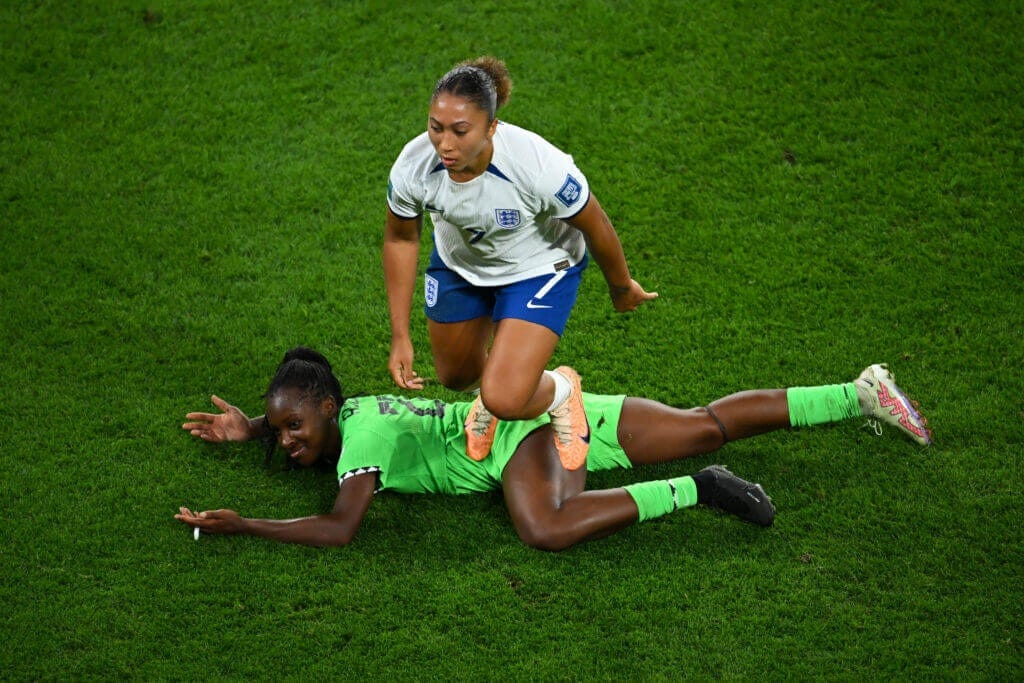 BRISBANE, AUSTRALIA - AUGUST 07: Lauren James of England stamps on Michelle Alozie of Nigeria which later leads to a red card being shown following a Video Assistant Referee review during the FIFA Women's World Cup Australia & New Zealand 2023 Round of 16 match between England and Nigeria at Brisbane Stadium on August 07, 2023 in Brisbane / Meaanjin, Australia. (Photo by Matt Roberts - FIFA/FIFA via Getty Images) BRISBANE, AUSTRALIA - AUGUST 07: Lauren James of England stamps on Michelle Alozie of Nigeria which later leads to a red card being shown following a Video Assistant Referee review during the FIFA Women's World Cup Australia & New Zealand 2023 Round of 16 match between England and Nigeria at Brisbane Stadium on August 07, 2023 in Brisbane / Meaanjin, Australia. (Photo by Matt Roberts - FIFA/FIFA via Getty Images)