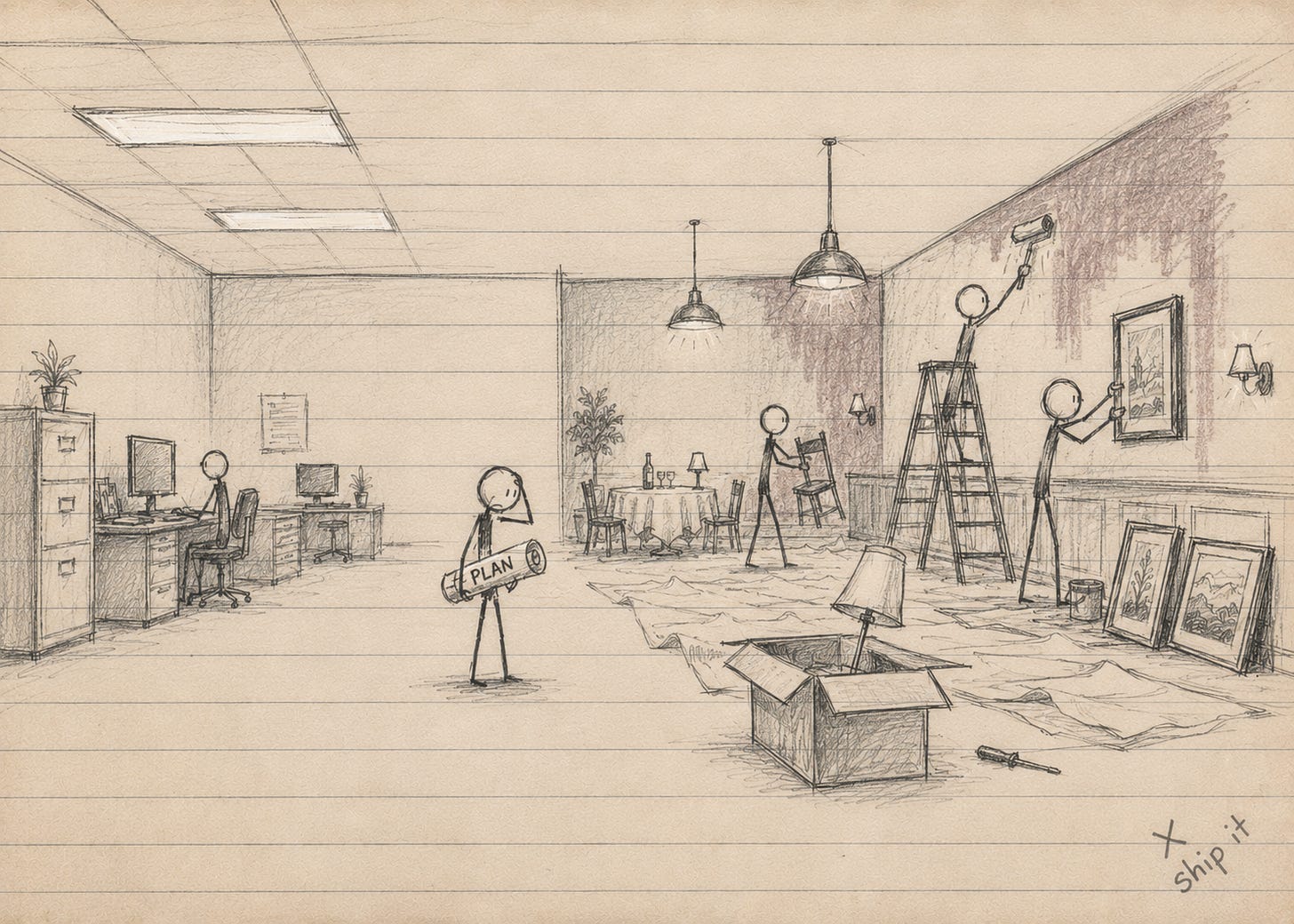 Hand-drawn graphite sketch on ruled notebook paper showing a sterile office slowly transforming into a warm restaurant-style room. A hesitant stick figure holding rolled-up plans labeled “PLAN” stands frozen in the middle while other figures actively paint walls, hang artwork, and move furniture around them. The image symbolizes movement happening before certainty. Hand-drawn graphite sketch on ruled notebook paper showing a sterile office slowly transforming into a warm restaurant-style room. A hesitant stick figure holding rolled-up plans labeled “PLAN” stands frozen in the middle while other figures actively paint walls, hang artwork, and move furniture around them. The image symbolizes movement happening before certainty.