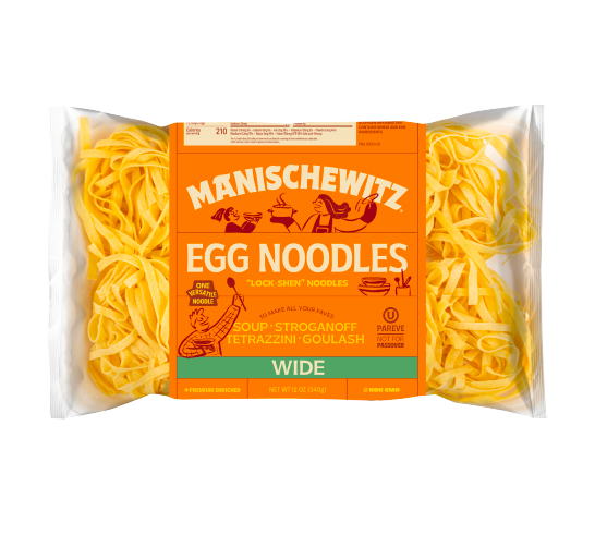Four images from the Manischewitz rebrand. The first is a person holding a tote bag that says "Schlep" as well as "Manischewitz – great taste runs in the family since 1888." It has a bunch of people running and holding various Manischewitz products including matzah, matzah ball soup, and latkes. The second is a box of Matzo, featuring an orange label and a cartoon person putting matzo in a wood burning oven. The label says "Perfect for Passover Matzos." The next picture is of egg noodles, also with an orange label. And the final picture is of an orange box of black and white cookies, featuring two cartoon people lifting a cookie that is bigger than them. The brand label says "Manischewitz presents Mani'z" which... I guess they're trying to make that a thing? It says "made for noshing" which is gimicky but let's be real, very cute.