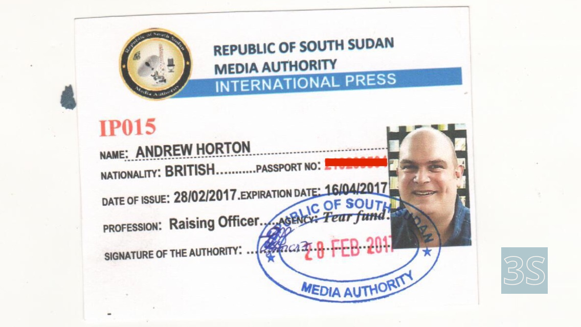 A republic of South Sudan media authority press badge for Andrew Horton