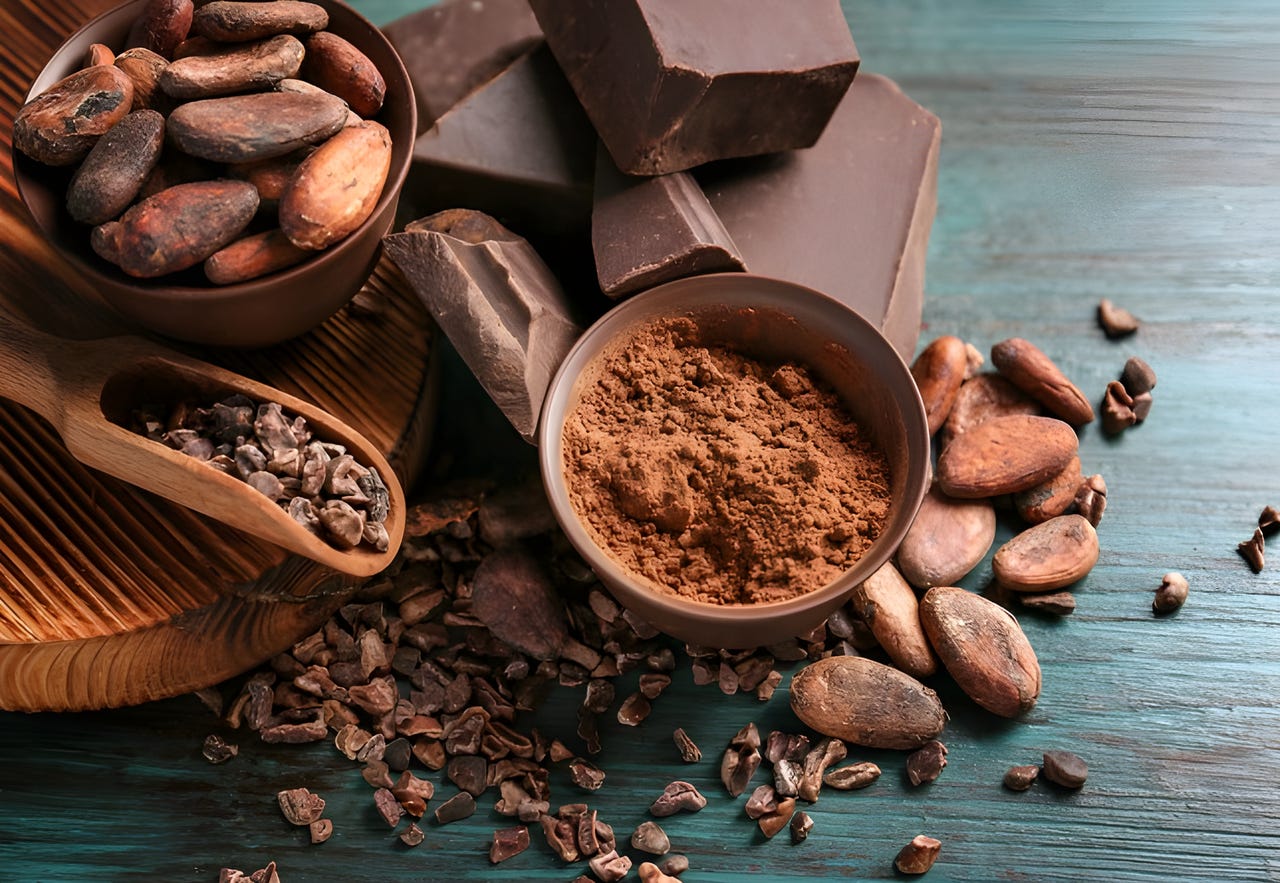 Cocoa beans and powder, cacao nibs, and chocolate bars