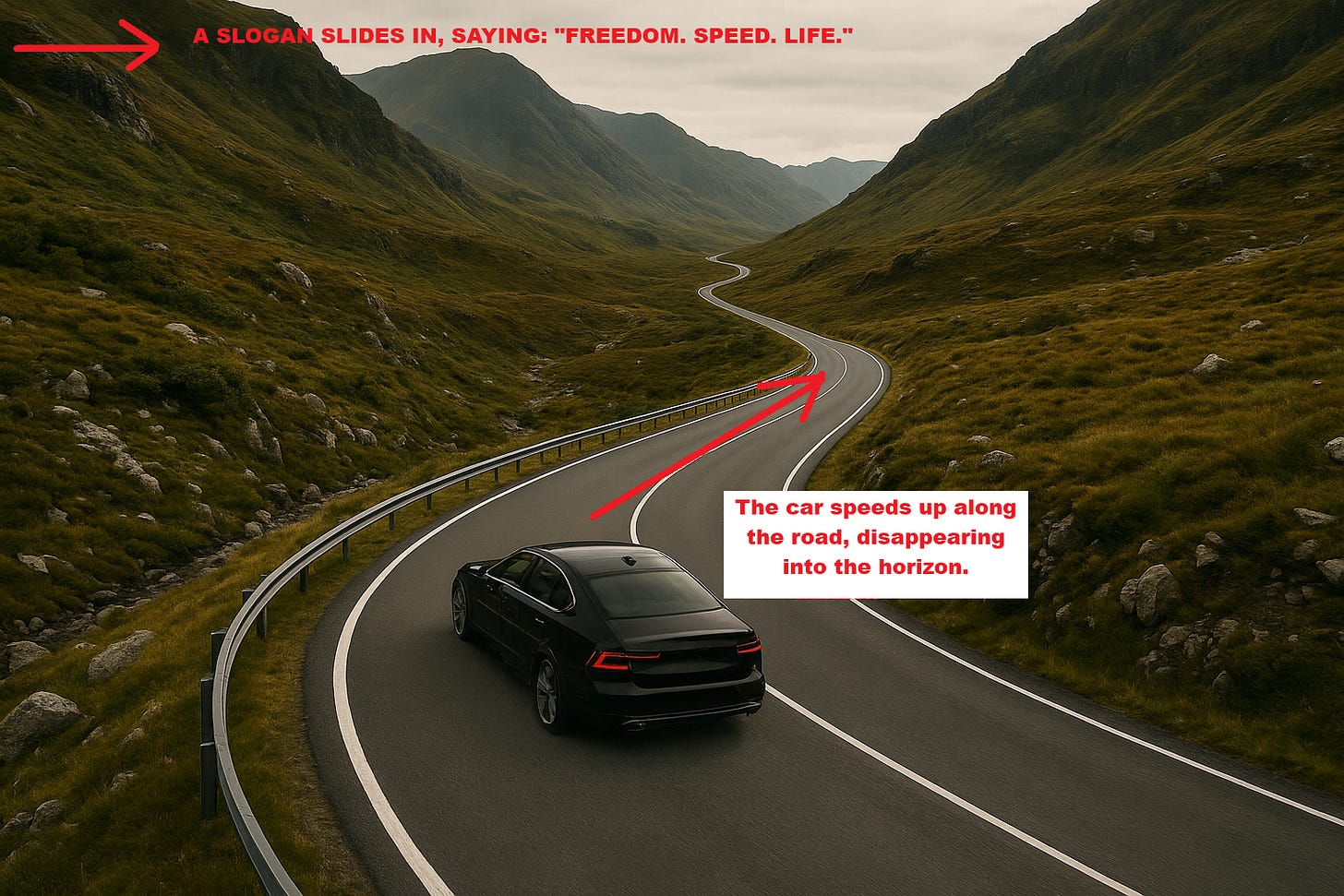 A black sedan drives through a winding mountain road surrounded by green hills, with on-image annotations noting a slogan “FREEDOM. SPEED. LIFE.” sliding in and the car accelerating up the road toward the horizon.