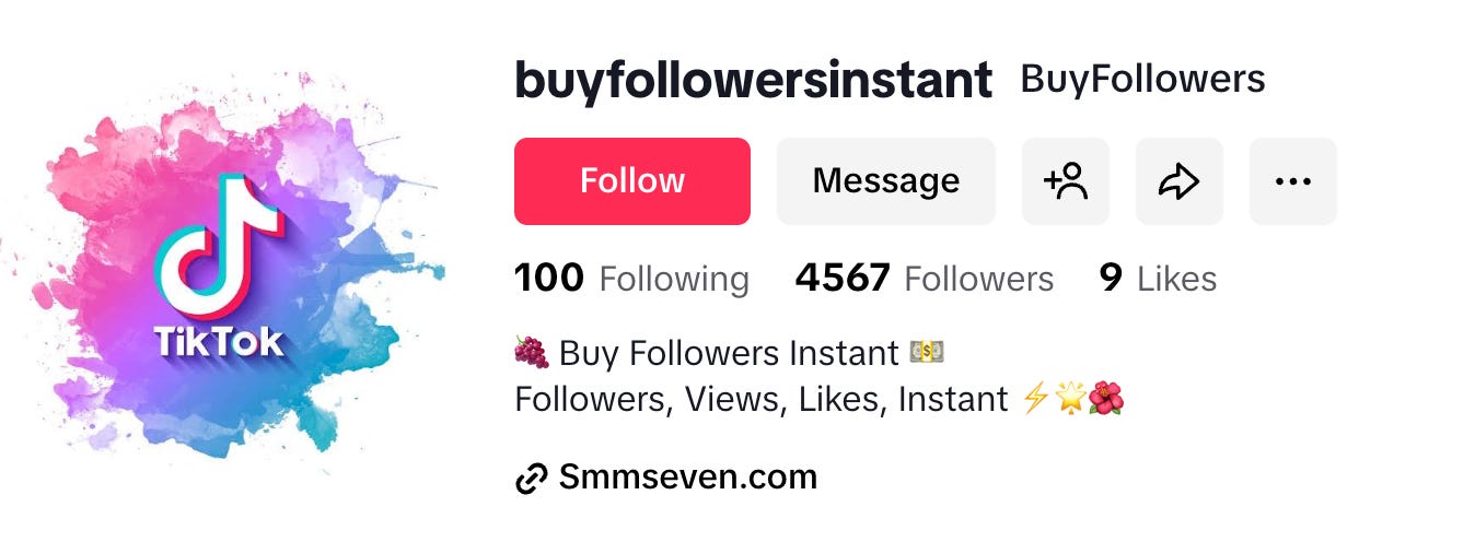 screenshot of the profile of TikTok account @buyfollowersinstant