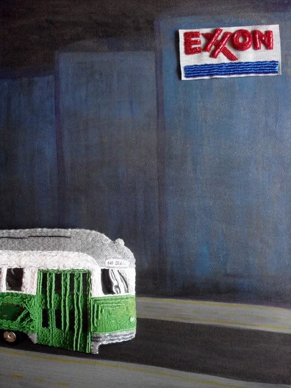 Beaded Boston trolley train MBTA T Exxon gas station Citgo sign bead embroidery pop art seed beads Beaded Boston trolley train MBTA T Exxon gas station Citgo sign bead embroidery pop art seed beads