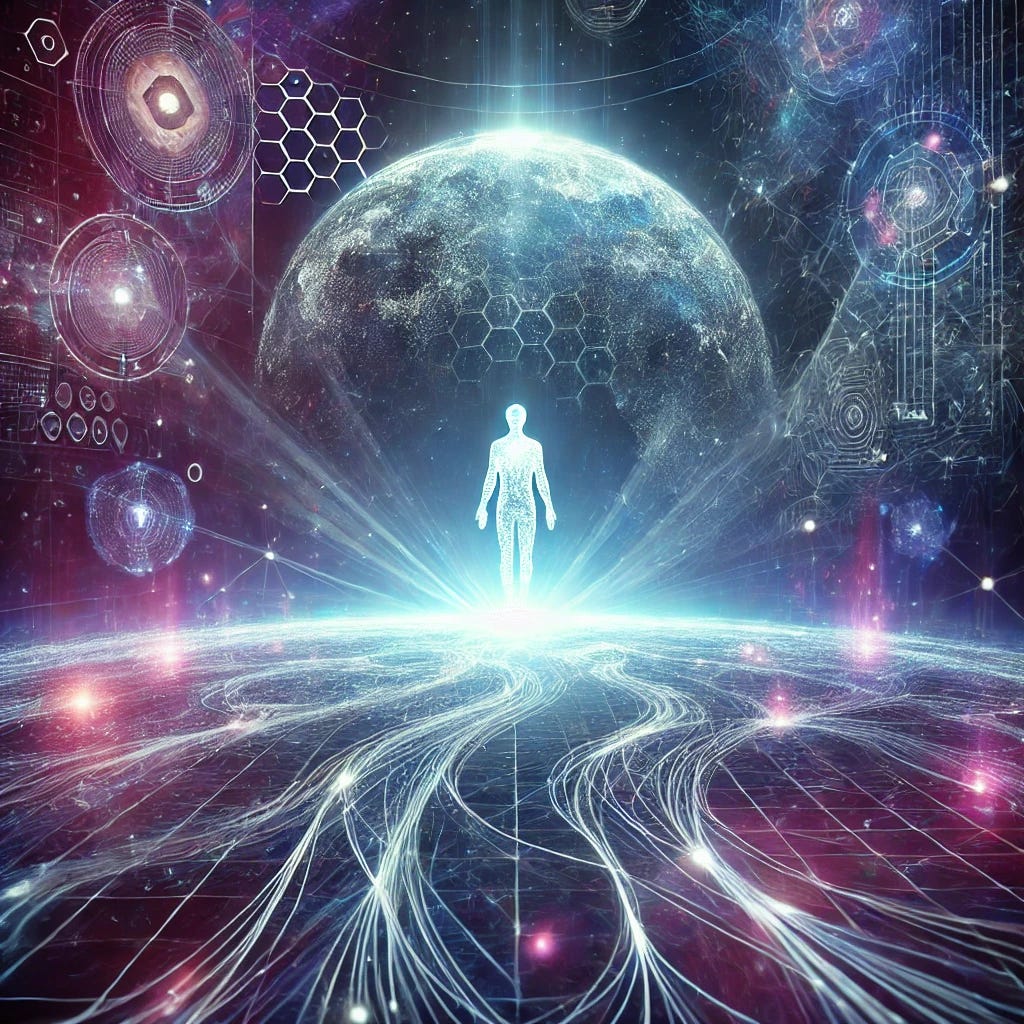 A futuristic digital landscape symbolizing the unexplored future of AI. The image features a glowing neural network expanding into the infinite cosmos, with data streams forming intricate patterns. A mysterious, semi-transparent humanoid figure, representing artificial intelligence, stands at the edge of discovery, surrounded by holographic projections of potential future technologies. The color palette is dominated by deep blues, purples, and neon accents, evoking a sense of mystery and endless possibilities.