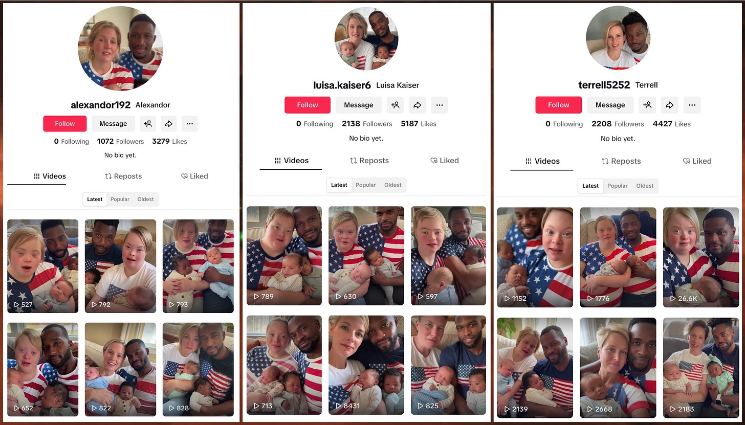 screenshots of 3 TikTok spam accounts posting videos of couples in flag T-shirts screenshots of 3 TikTok spam accounts posting videos of couples in flag T-shirts