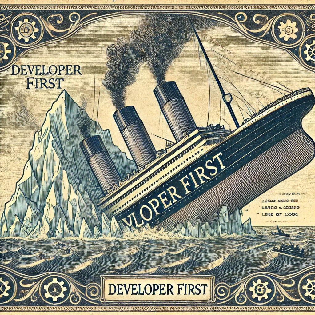 A vintage 19th-century style postcard featuring the Titanic crashing into an iceberg. The design is in the classic, aged postcard style with faded colors and intricate borders. The iceberg has the words 'Developer First' carved into it, and the ship is marked with various symbols related to tech, coding, or development (such as gears, lines of code, or tech tools). The sea is choppy, and the dramatic collision is the central focus. The style resembles traditional 1800s postcards with handwritten notes, decorative typography, and an overall antique look.