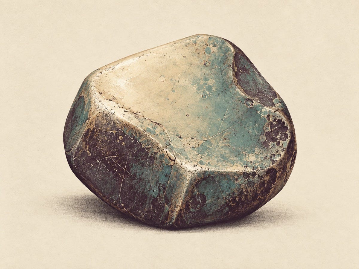 n abstract, weathered stone-like form in muted teal, cream, and deep purple, marked by scratches, worn edges, and smooth polished areas that suggest the accumulated effects of time, touch, and repeated use. n abstract, weathered stone-like form in muted teal, cream, and deep purple, marked by scratches, worn edges, and smooth polished areas that suggest the accumulated effects of time, touch, and repeated use.
