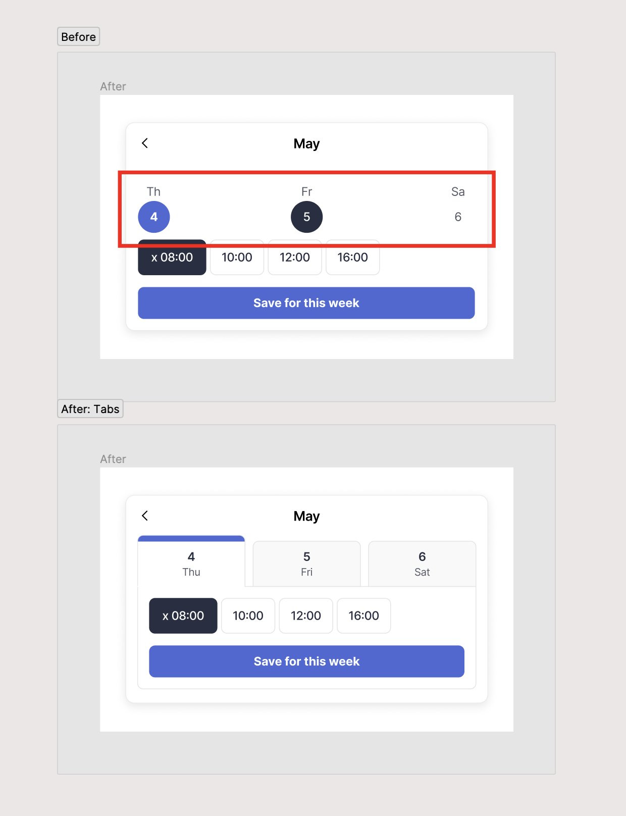 Lunchclub calendar. Above is the existing version, below is the accessible version with tabs instead of calendar-like dates.