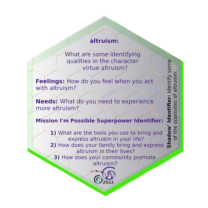 game card, VIA Character Strengths and Virtues, Altruism, definition and missions for the game SparkITude.