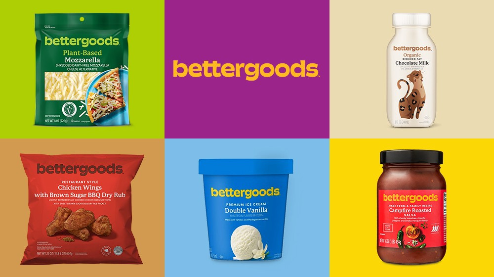 Bettergoods logo in orange on purple background with five siloed product images to form grid. Products include bettergoods plant-based mozarella, organic chocolate milk, chicken wings with brown sugar bbq, double vanilla ice cream and campfire roasted salsa. Bettergoods logo in orange on purple background with five siloed product images to form grid. Products include bettergoods plant-based mozarella, organic chocolate milk, chicken wings with brown sugar bbq, double vanilla ice cream and campfire roasted salsa.