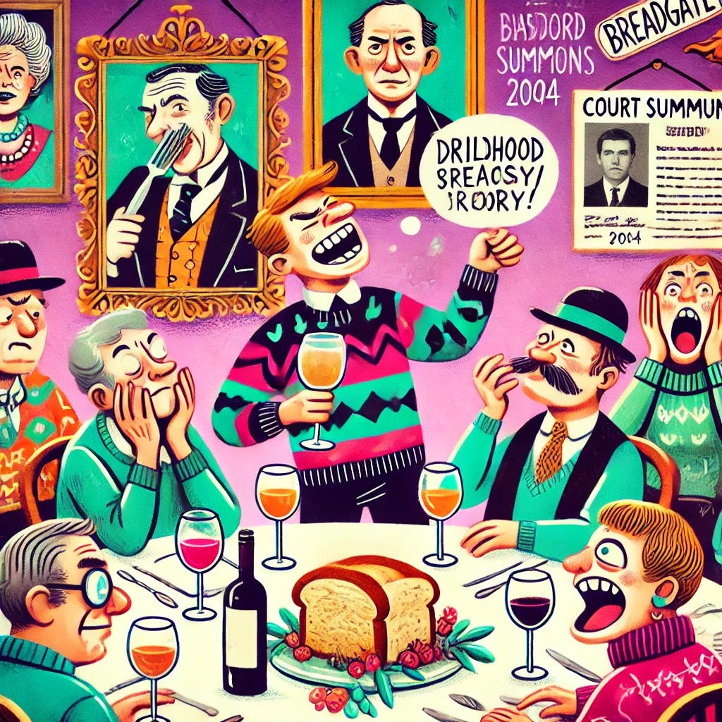 A humorous cartoon-style illustration inspired by a satirical story about dysfunctional families and childhood trauma. The scene features a person at a dinner party holding a glass of wine, animatedly telling a story while others at the table react with a mix of laughter, shock, and disbelief. In the background, whimsical details like exaggerated family portraits (including a court summons in a frame) and a dramatic loaf of bread labeled 'Breadgate 2004' add to the comedic tone. The style is colorful, playful, and exaggerated, emphasizing humor and absurdity.