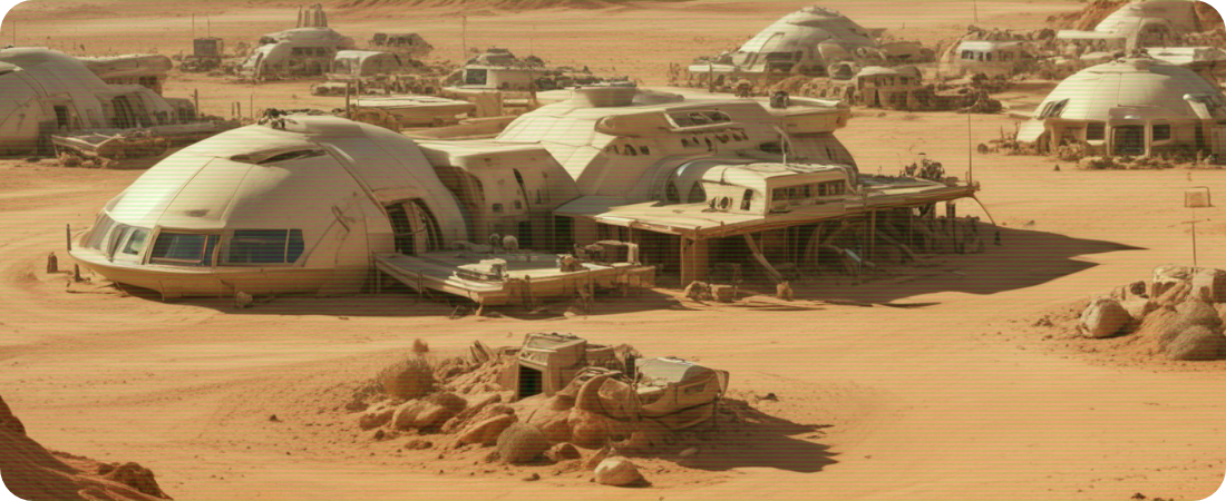 AI generated image of a desert village of dwellings created by old spacecraft