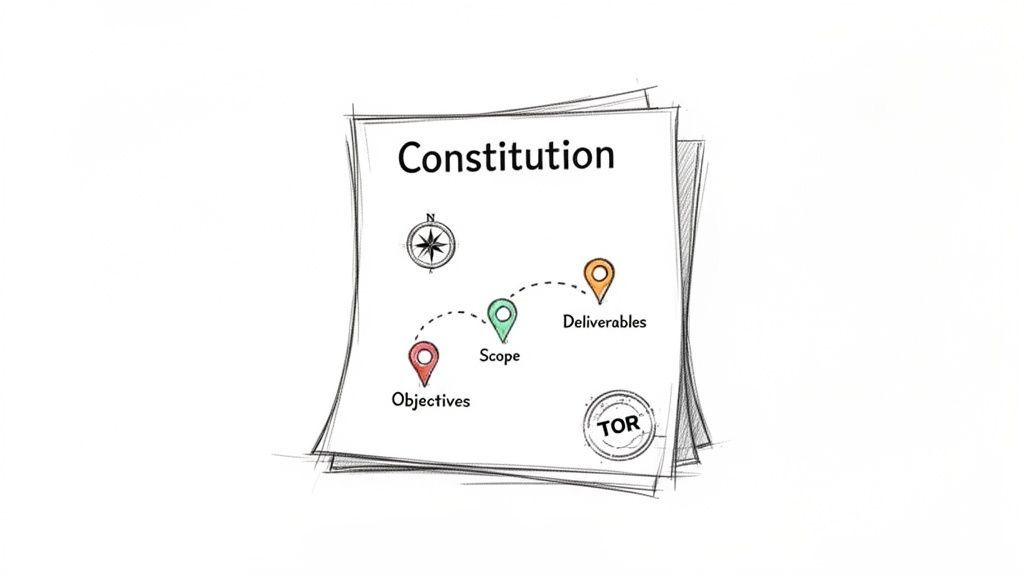 A document titled 'Constitution' shows a compass and a path with pins for Objectives, Scope, and Deliverables, with a 'TOR' stamp. A document titled 'Constitution' shows a compass and a path with pins for Objectives, Scope, and Deliverables, with a 'TOR' stamp.