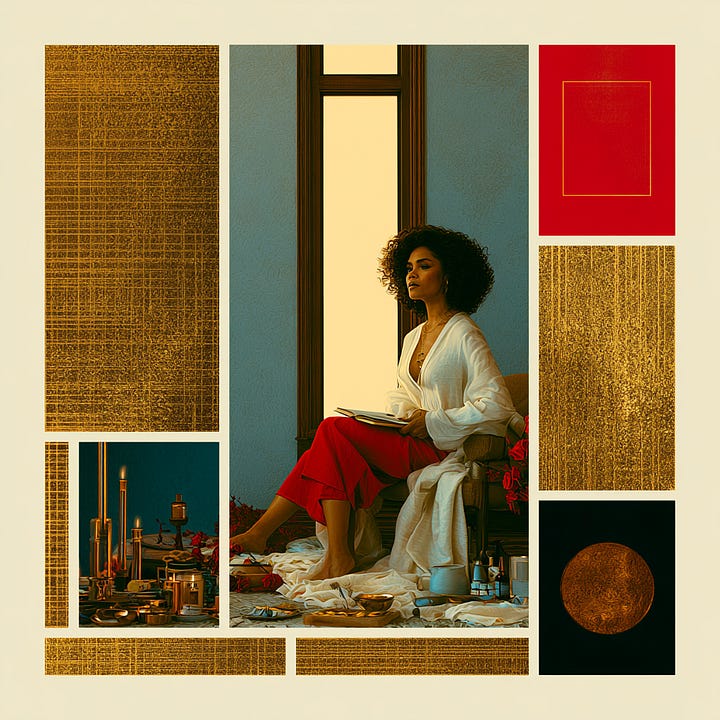A Black woman sits peacefully in a cosy chair by a large window, wrapped in a soft cream blanket and wearing warm neutral layers. Candles, books, flowers, and self-care items surround her, creating a calm soft life atmosphere. The image has warm golden tones, vintage-style framing, and a reflective, restorative mood.