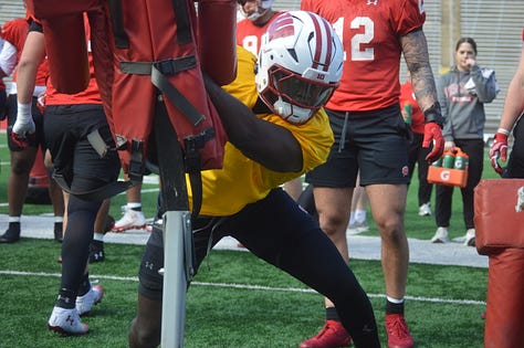 Wisconsin outside linebackers participate in individual position drills during the Badgers' spring football practice Saturday inside Camp Randall Stadium.