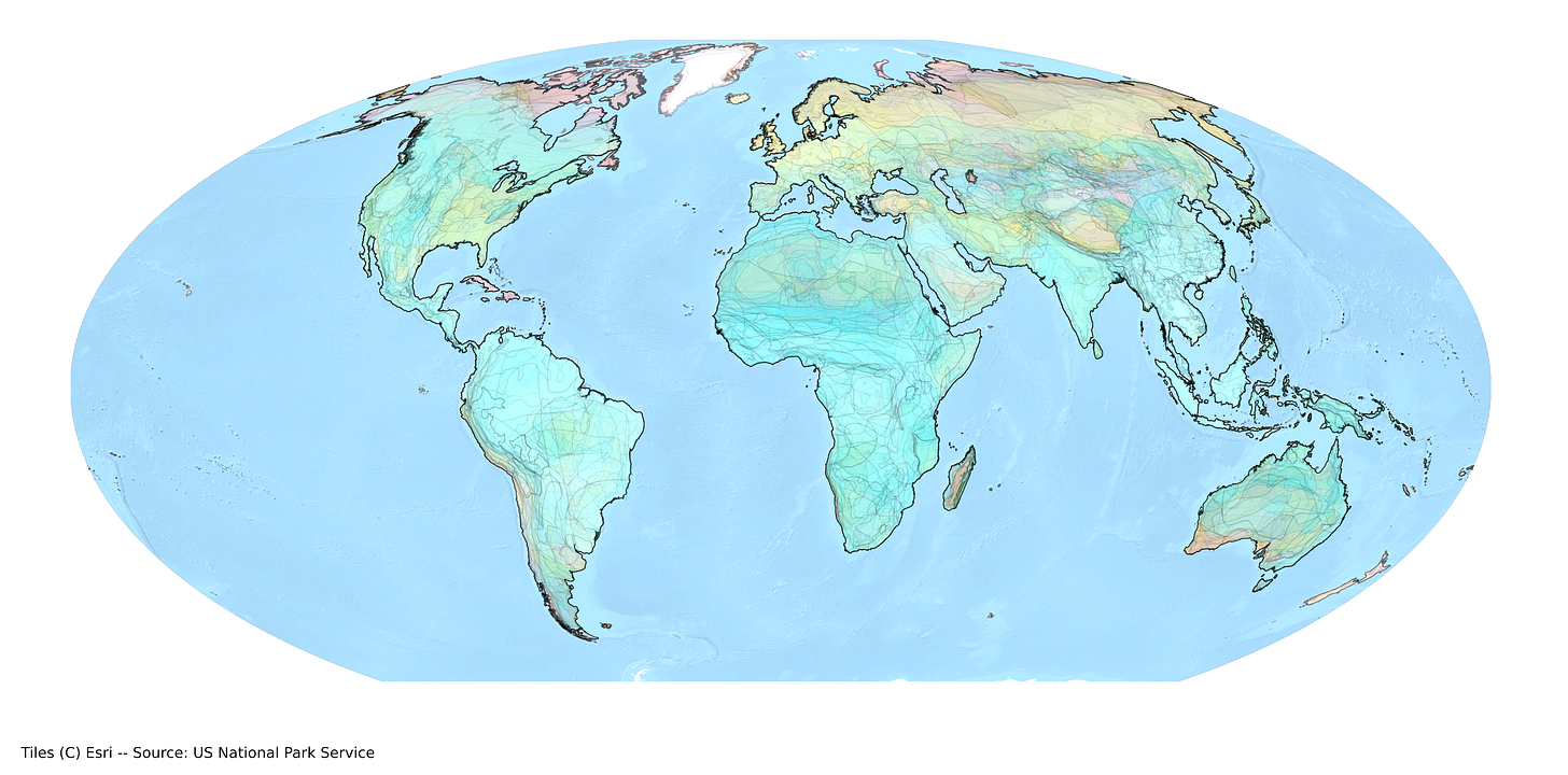 The global map of all mammalian habitats, each patch colored at random.