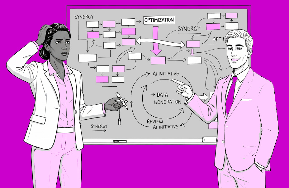 A woman looks confused at a board with complex diagrams and circular arrows and boxes wiht labels 'synergy' 'optimation' 'ai initatives'. A confident man in a suit points and smiles at board. Image co-created with AI tool Gemini