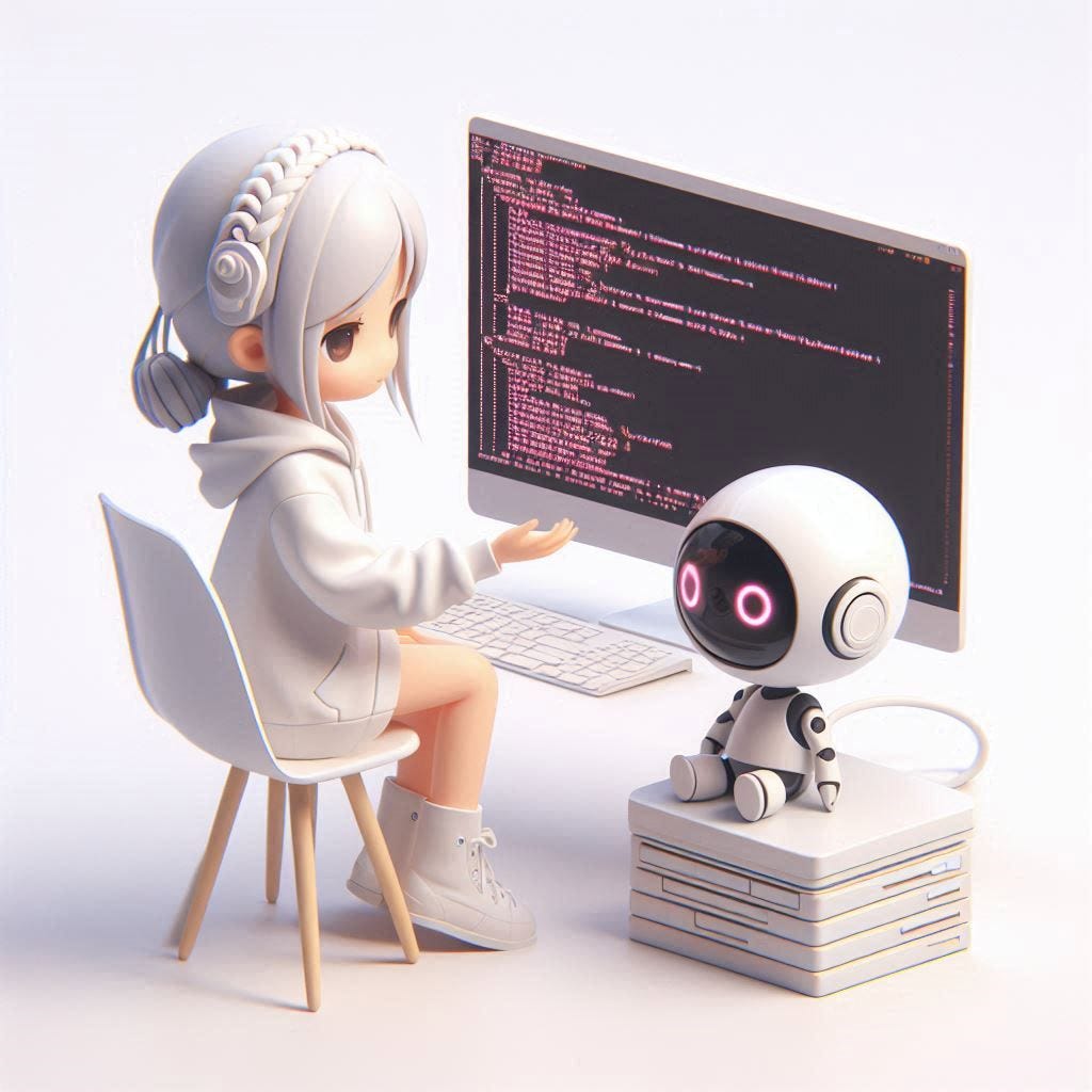 gere imagem minimalista pra ilustrar esse post (tipo uma garota dev interagindo com uma IA via terminal ou algo simbólico).  fofo 3d minimalista, fundo branco