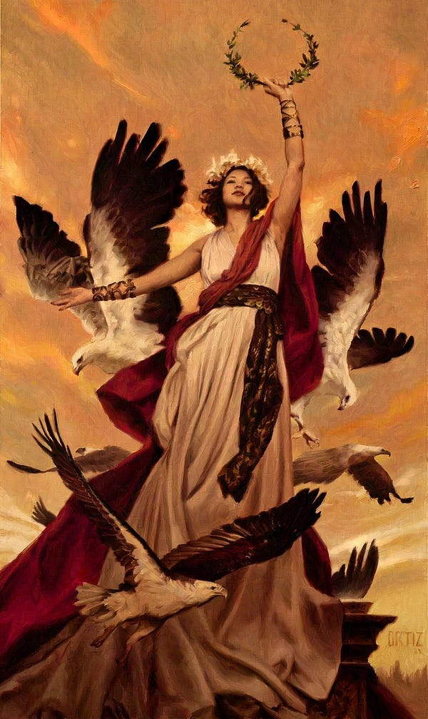 Woman representing a creative muse, holds a laurel wreath in victory. She is surrounded by eagles who celebrate her accomplishments and stands on a pedestal overlooking the horizon. The colors are warm and comforting. This painting is a love letter to the art community and the accomplishments of research team creating technology for the benefit of mankind.