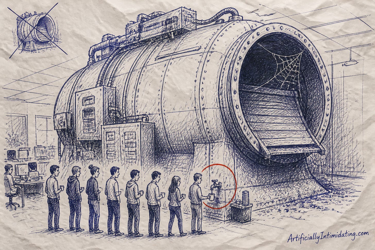 Cartoon of a colossal industrial machine filling an entire open-plan office, its enormous main output chute shut and strung with cobwebs, while a long queue of bored workers waits at a tiny side spigot near the floor that dispenses coffee into paper cups. The spigot is circled in red and a crossed-out sketch of the big chute sits in the corner.