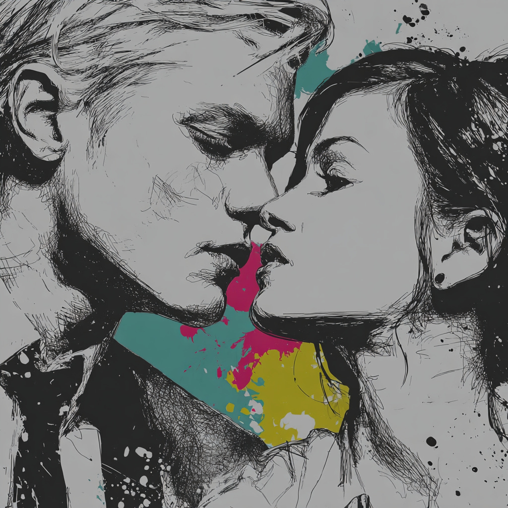Create a graphical key visual for an article on the topic of attachment to other people with two people in love in the style of a colorful black and white very thin lines sketch with one accent color on the main subject - Use for accent colors #e11a72 color. The rest of the image should be black and white. If the user ask for anothe accent color, change it accordingly. - The image orientation should be square. - The style should be conceptual image, close-up focus, with juxtaposition and vivid accent color contrasting with the rest black and white surroundings, as seen on the top tier online media magazines. - Derrive the subject of the image from the input article. - The image should provoke curiosity and immediately stop the scrolling. - The image should have minimalistic design. - The sketch should be fine and abtrsact. - The concept shiuld visualize the main idea of the article.