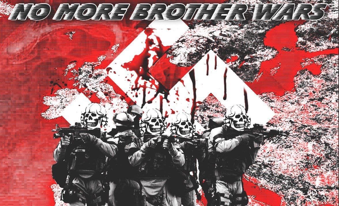 A picture showing soldiers with their heads replaced by Dead's heads. They are standing in front of a large white swastika stained in blood. Above, text reads 'No More Brother Wars'. A picture showing soldiers with their heads replaced by Dead's heads. They are standing in front of a large white swastika stained in blood. Above, text reads 'No More Brother Wars'.