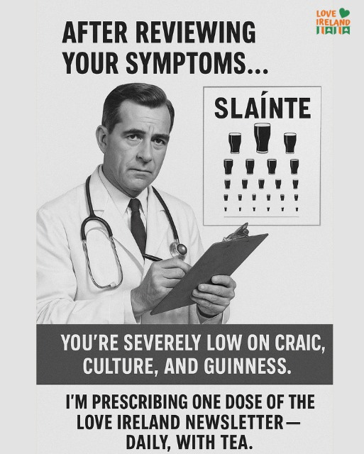 May be an image of 1 person, medicine and text that says "LOVE IRELAND HAI AFTER REVIEWING YOUR SYMPTOMS... SLAÍNTE YOU'RE SEVERELY LOW ON , CULTURE, AND GUINNESS. 'M PRESCRIBING ONE DOSE OF THE LOVE IRELAND NEWSLETTER- DAILY, WITH TEA."