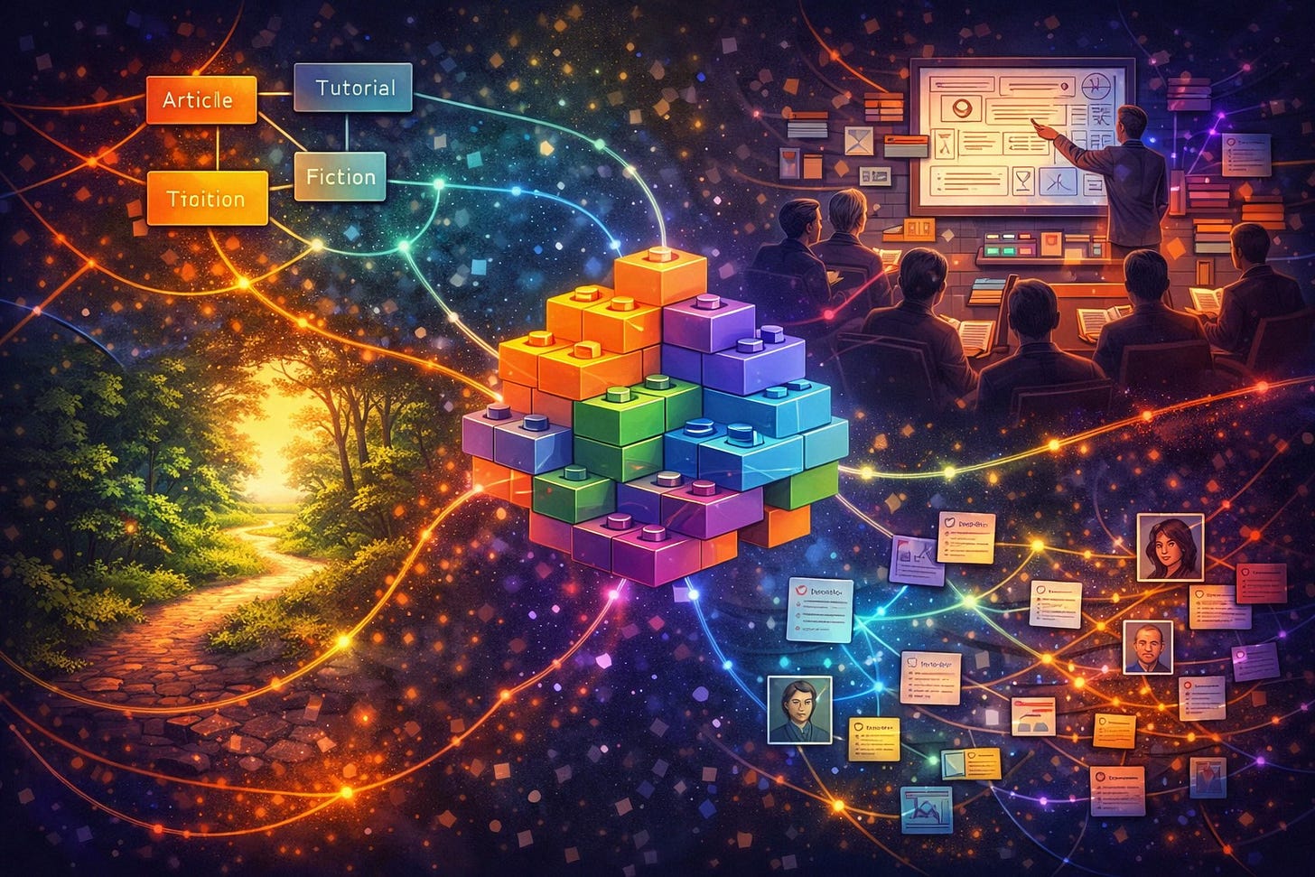 Colorful digital illustration showing a central structure of interconnected building blocks linked to scenes of planning, walking, teaching, mapping, and creating, representing the full five-part series as one connected workflow.