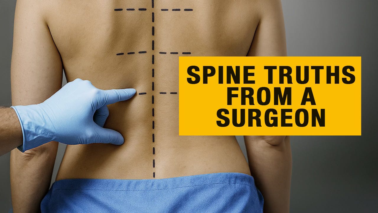 YouTube thumbnail showing the back of a man with marker lines drawn on his skin. A blue-gloved hand is pointing at the markings. A yellow text box on the image reads, "Spine Truths from a Surgeon."