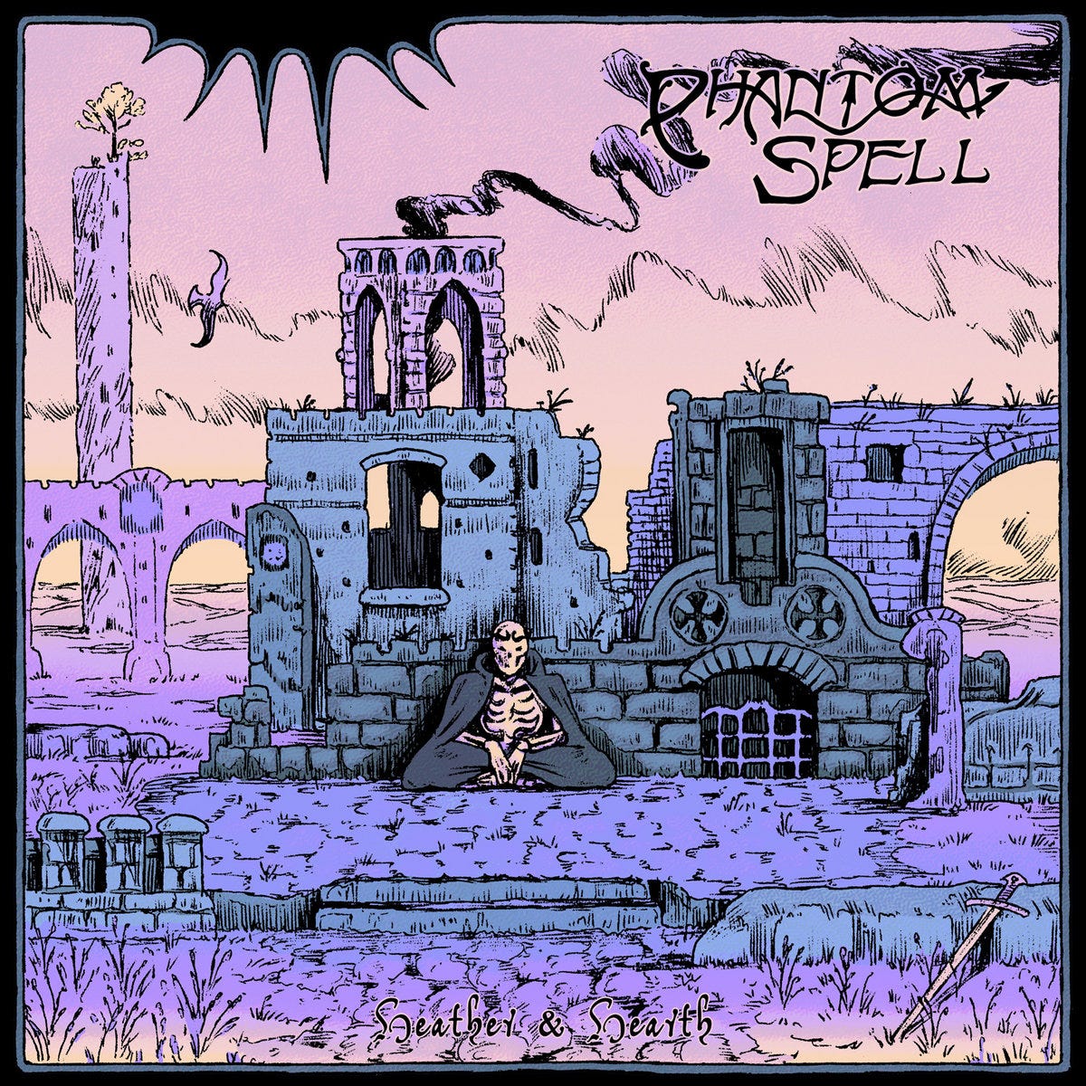 The album cover artwork for "Heather & Hearth" by Phantom Spell. The primary colors are purple and it shows a castle ruin and cloaked skeleton.