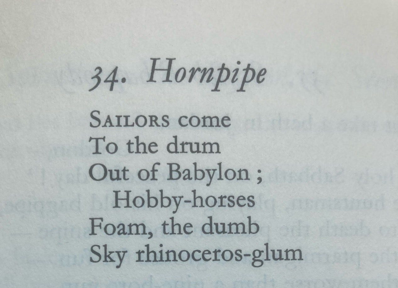 Hornpipe: SAILORS come / To the drum / Out of Babylon; / Hobby-horses / Foam, the dumb / Sky rhinoceros-glum