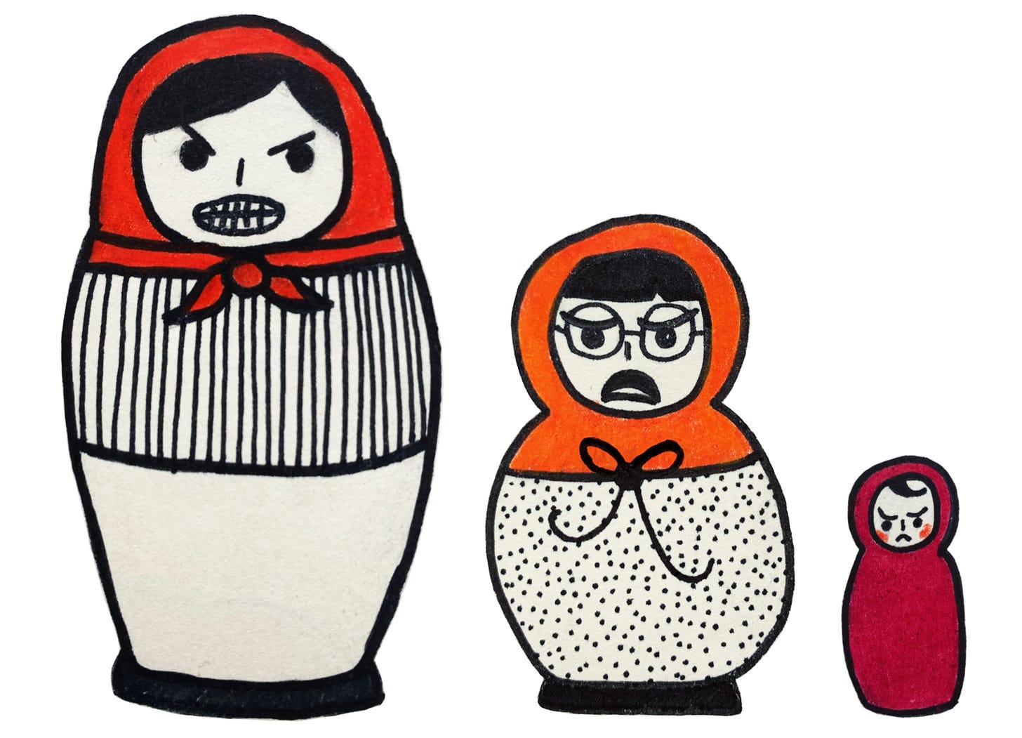 Three illustrated nesting dolls, decreasing in size from left to right, each looking angry or defeated. Three illustrated nesting dolls, decreasing in size from left to right, each looking angry or defeated.