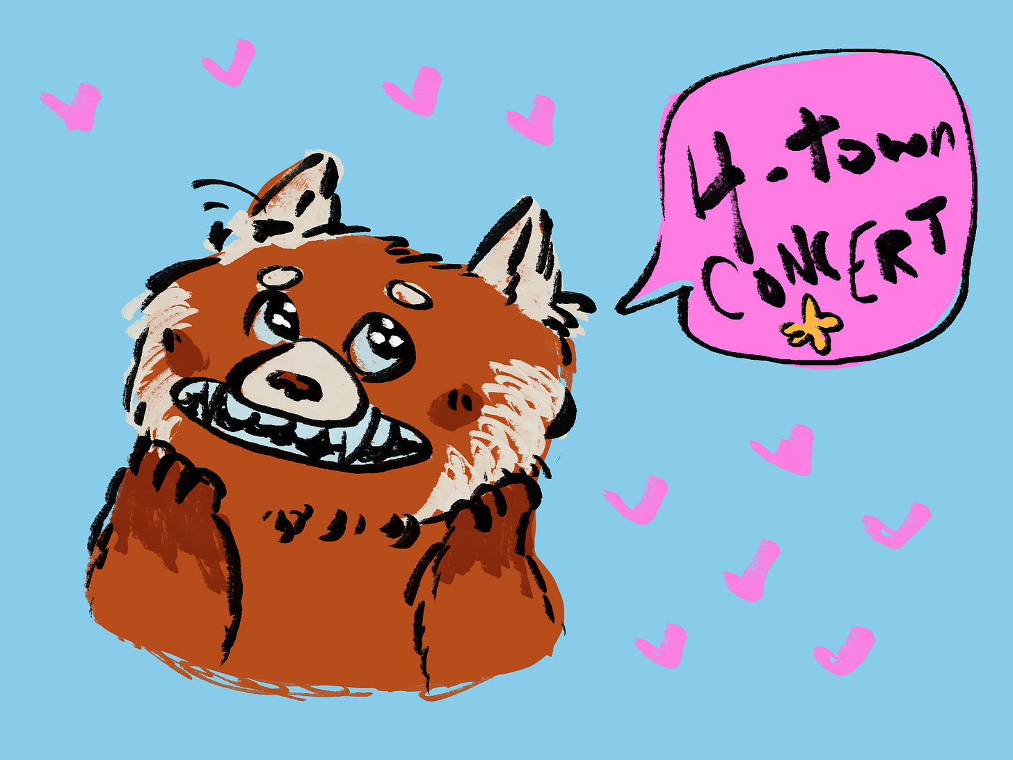 sketch of meimei in red panda form from turning red, daydreaming about the 4 town concert sketch of meimei in red panda form from turning red, daydreaming about the 4 town concert