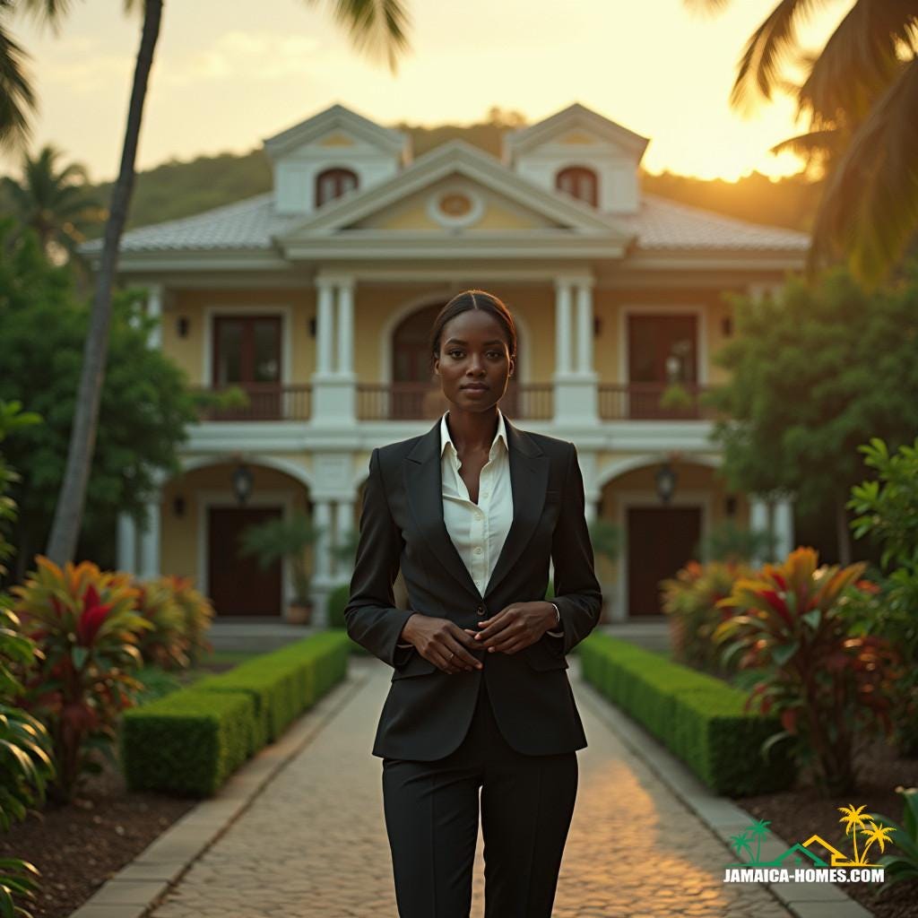A Jamaican real estate agent, dressed in a crisp business suit, stands in front of a stunning colonial-style mansion, surrounded by lush greenery and vibrant tropical flowers, as she presents a luxurious property listing to a potential buyer, set against the warm, golden light of a Caribbean sunset, with a shallow depth of field, capturing the subtle textures of the scene, in the style of a cinematic film still, reminiscent of the works of Roger Deakins, Emmanuel Lubezki, and Christopher Doyle