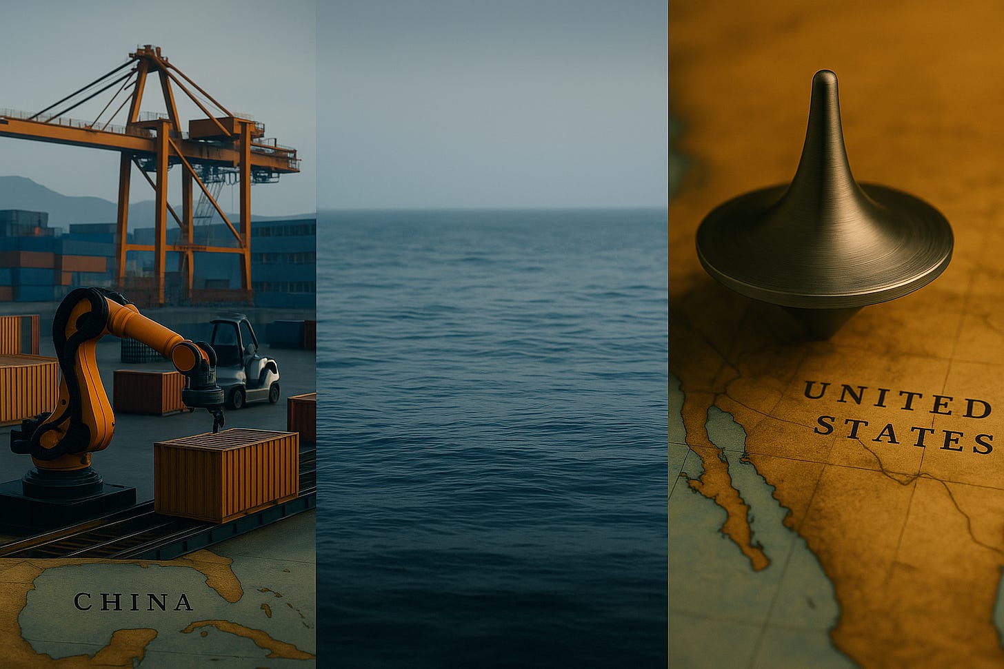 Conceptual triptych showing industrial China, the Pacific Ocean, and the United States: on the left, an automated Chinese port with robots and containers; in the center, a calm sea symbolizing distance; on the right, a metallic spinning top on a map of the United States. An image illustrating the divide between productive and speculative artificial intelligence. Conceptual triptych showing industrial China, the Pacific Ocean, and the United States: on the left, an automated Chinese port with robots and containers; in the center, a calm sea symbolizing distance; on the right, a metallic spinning top on a map of the United States. An image illustrating the divide between productive and speculative artificial intelligence.