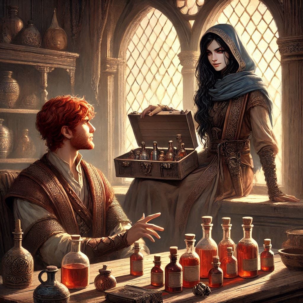 sitting arabian dark-haired alchemist woman with box of liquid bottles, medieval coffee shop, meeting with red-haired man, dungeons and dragons fantasy digital art