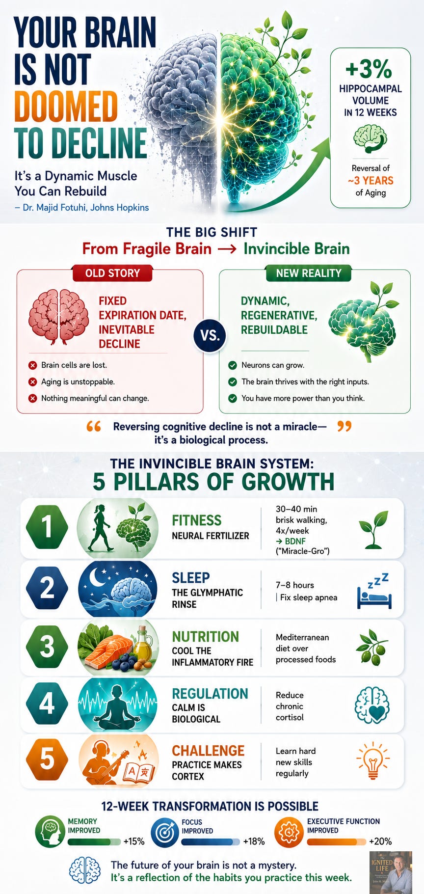 Infographic: Your Brain Is Not Doomed to Decline. Features Dr. Majid Fotuhi’s Invincible Brain System with a glowing brain showing +3% hippocampal volume growth in just 12 weeks. Displays the five pillars of brain health: 1. Fitness (Neural Fertilizer), 2. Sleep (Glymphatic Rinse), 3. Nutrition (Cool the Inflammatory Fire), 4. Regulation (Calm is Biological), and 5. Challenge (Practice Makes Cortex). Text highlights that the brain is a dynamic muscle you can rebuild. Infographic: Your Brain Is Not Doomed to Decline. Features Dr. Majid Fotuhi’s Invincible Brain System with a glowing brain showing +3% hippocampal volume growth in just 12 weeks. Displays the five pillars of brain health: 1. Fitness (Neural Fertilizer), 2. Sleep (Glymphatic Rinse), 3. Nutrition (Cool the Inflammatory Fire), 4. Regulation (Calm is Biological), and 5. Challenge (Practice Makes Cortex). Text highlights that the brain is a dynamic muscle you can rebuild.