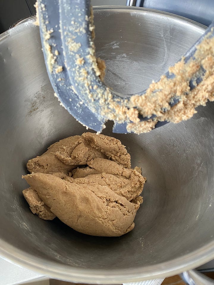 Shortbread dough in a mixing bowl.