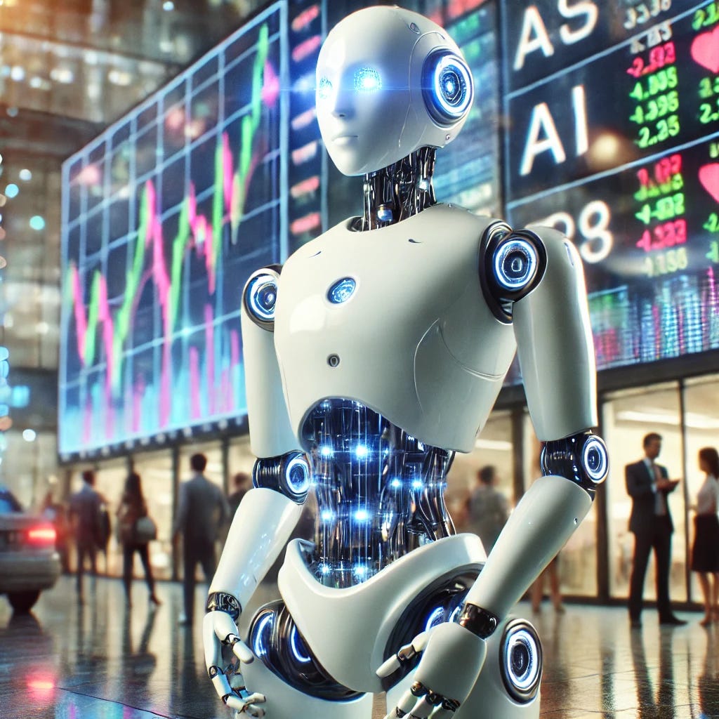 A futuristic humanoid robot standing in front of large digital screens displaying colorful stock market data, charts, and analytics in a bustling financial hub. The robot is sleek, white, and highly detailed, with glowing LED indicators on its body, giving a high-tech yet approachable vibe. The setting is bright, modern, and full of technology-driven ambiance, showcasing the intersection of AI and finance.