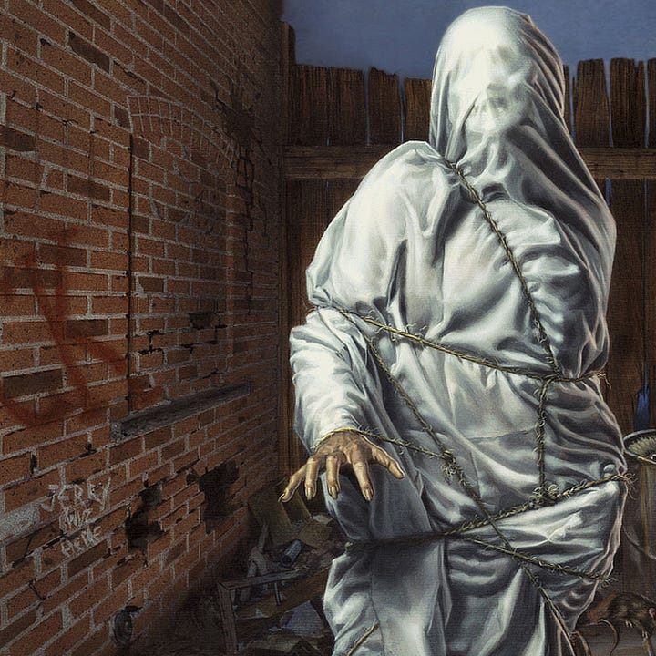 LEFT: Close detail from DEAD END FEATURING the wall of the alley between brick buildings and a figure bound from head to toe in sheet and twine. Red graffiti letters “CK” are cutoff in the foreground right. Below is written “JERRY WUZ HERE”. The impressions in white fabric over the face suggest something skeletal while the one hand free and reaching out is fleshy with long fingernails. RIGHT: Close detail of rundown alley where a pair of rats are perched on an overturned metal trash can. One is standing on its hind legs and turning toward the other conspiratorially. Another can stands behind it brimming with refuse including a wine bottle and a blue paperback with Stephen King at the top. The cans block a wooden door with “KEEP OUT!” Written in black. In the door panel below, “Copyright 1980” accompanies the artists sigil scrawled in white.