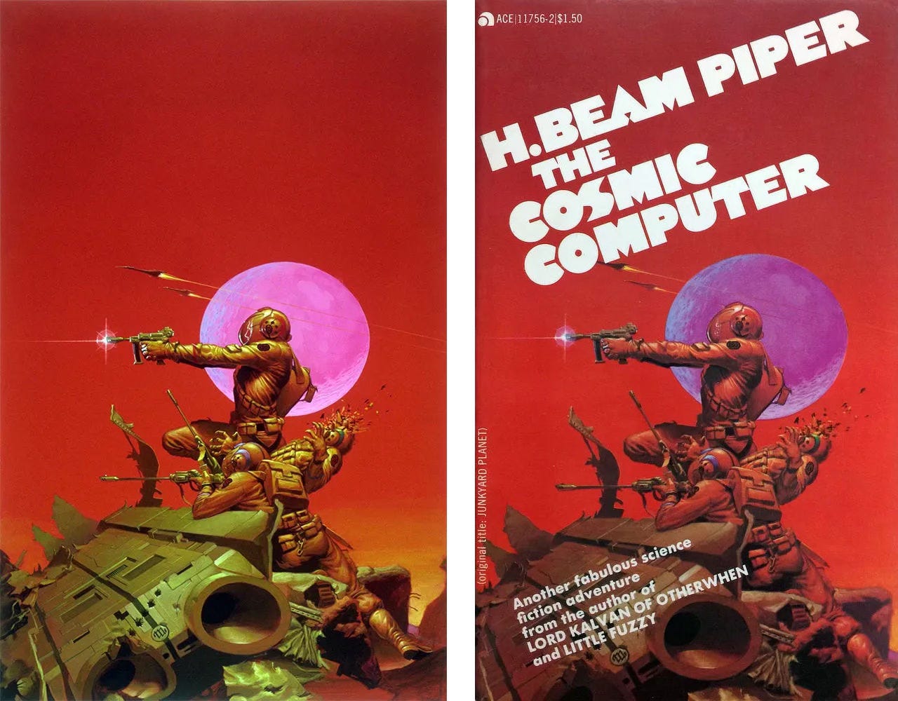 LEFT: A trio of men in form fitting spacesuits take cover behind a small overturned spacecraft. Bronze metal peels back from the nose with impact and bullet holes riddle the aft. In the immediate foreground, a space trooper with a slender laser rifle leans an elbow on the wreckage to line up a shot. Another trooper boldly stands with a knee raised and arm extended as light flares from the muzzle of his pistol. His torso is framed by a pink moon looming large in the red sky as two space jets burn past. The man next to him falls back, hands tense in shock, as his helmet explodes into shards.  RIGHT: Book cover for THE COSMIC COMPUTER by H. Beam Piper, published by ACE Books. The color reproduction gives the moon framing the central figure a purple tint instead of pink, which is corrected in later printings.