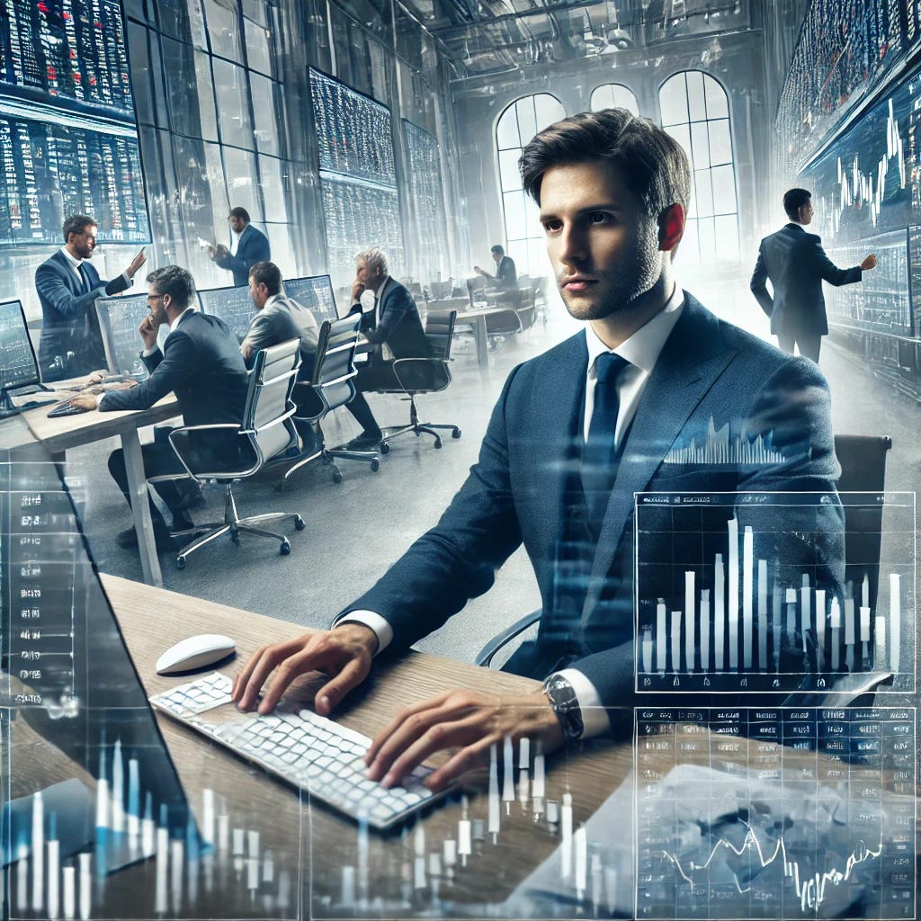 An image depicting a single trader in a modern trading office, confidently working at a computer with multiple screens displaying financial data, charts, and stock prices. In the background, a group of traders is seen working together at a large table, appearing less focused and slightly disorganized, with papers scattered around and some members talking rather than working. The single trader is clearly more productive, with a look of concentration and determination, while the group appears less effective as a team.
