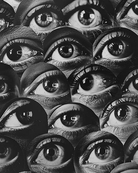 surrealist image of eyes, image of hands holding a notebook, image of a face with a void within it. 