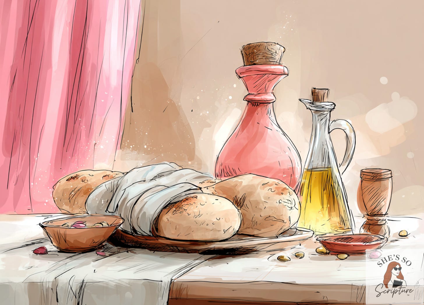 Freshly baked round loaves of ancient-style bread on a wooden table beside a clay oil lamp—symbolizing Jesus as the Bread of Life.