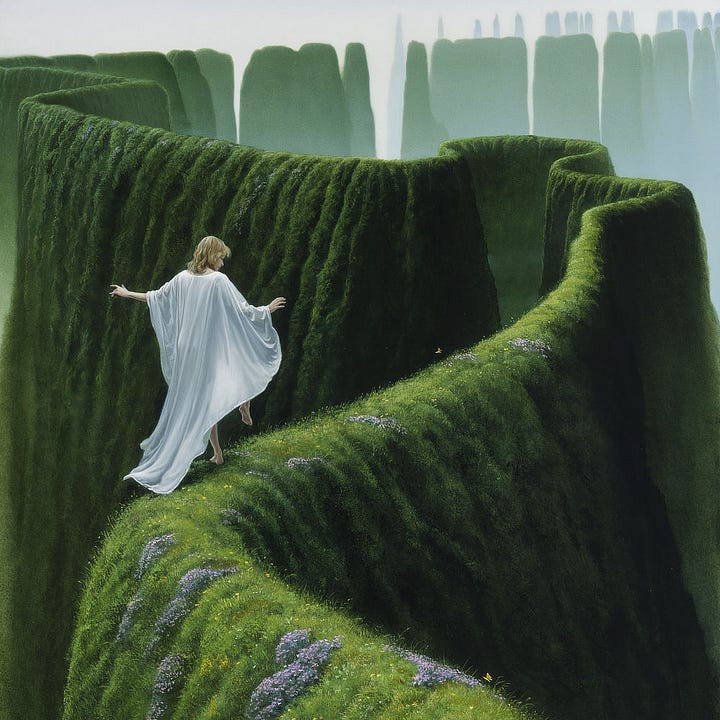LEFT: Detail from EDGEDANCER featuring the woman in white linen shawl with the high grassy ridge winding in front of her until it fades in the hazy distance. RIGHT: Figure detail from EDGEDANCER of a woman with shoulder length blonde hair wearing a white linen shawl. Her arms are out for balance as she high steps along a high grassy ridge. With one foot in the air, she glances down at a tiny butterfly taking flight just ahead.