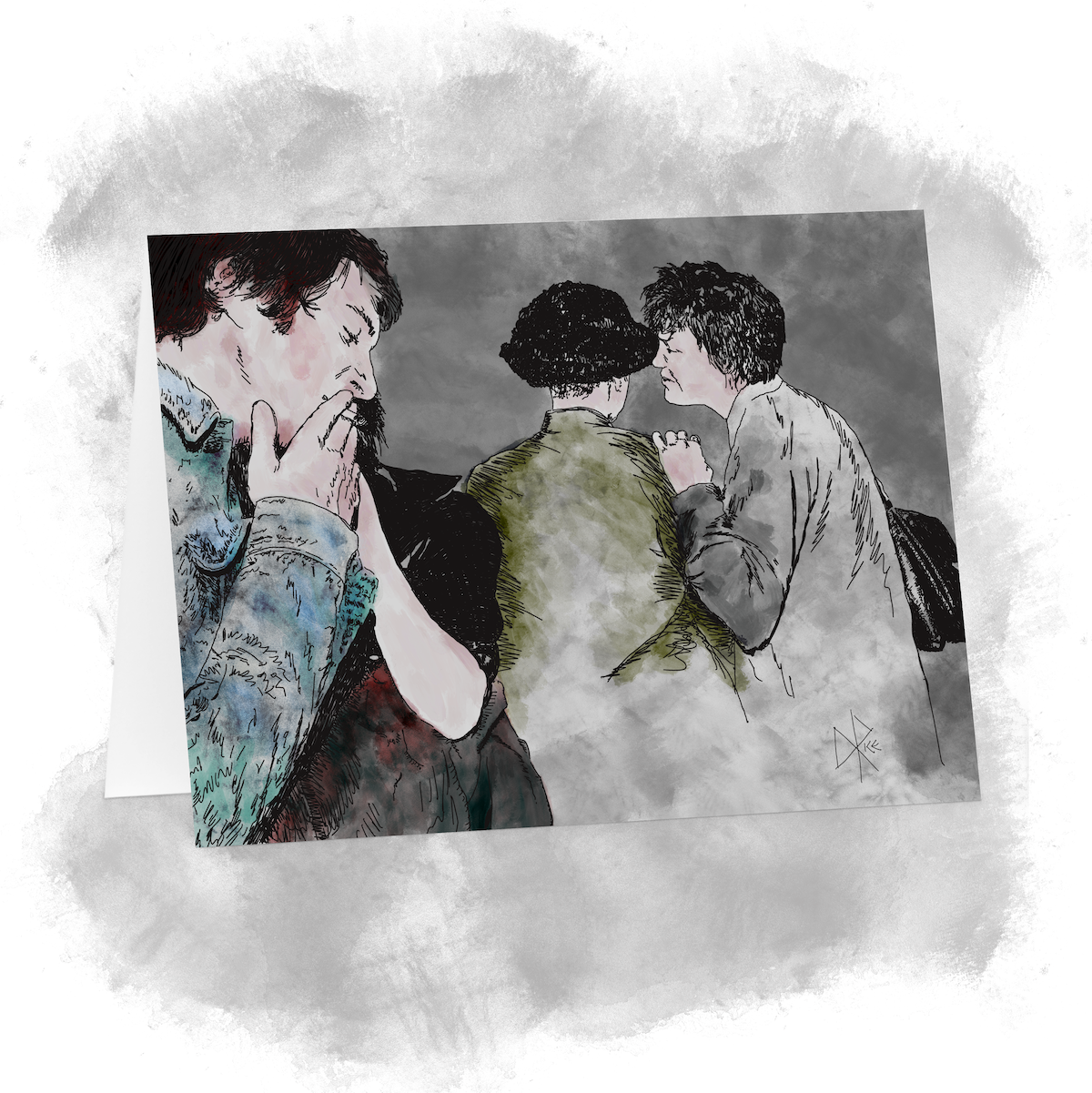 A man in the foreground smokes a cigarette as a woman leans in to talk into his ear, while a similar scenario plays out in the background. Sketch art by Don Rice.