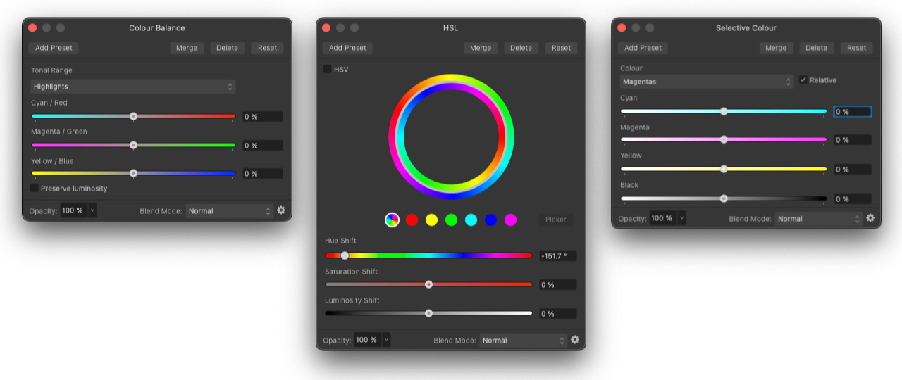 All these dialogs are used to adjust color in an image but have very different usage.