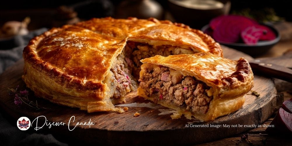 Traditional Québécois tourtière meat pie with golden crust and spiced pork filling on rustic table.